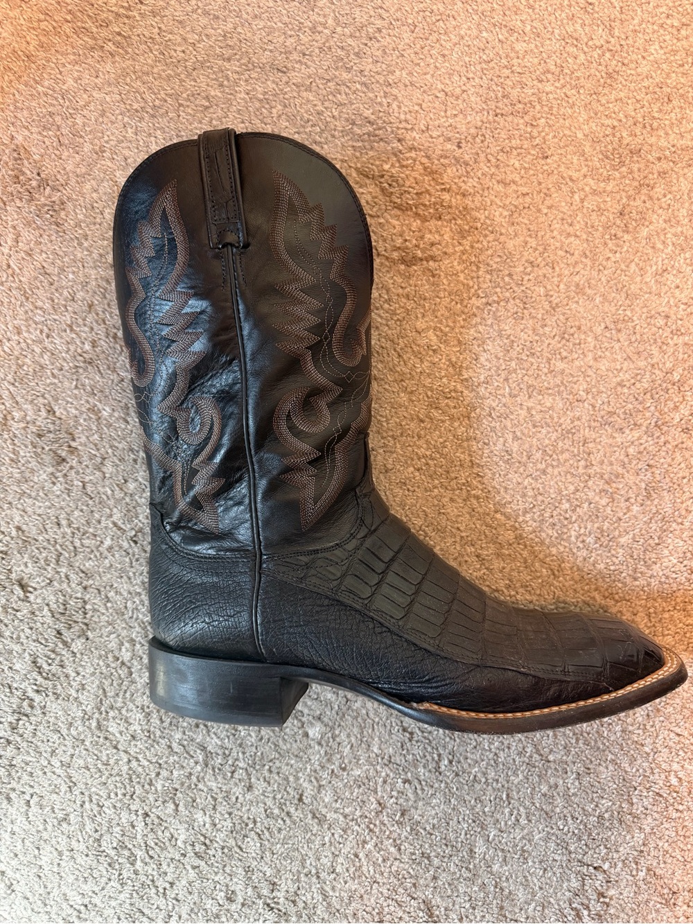Lucchese Black Western Embossed Toe & Croc-Textured Vamp Boot